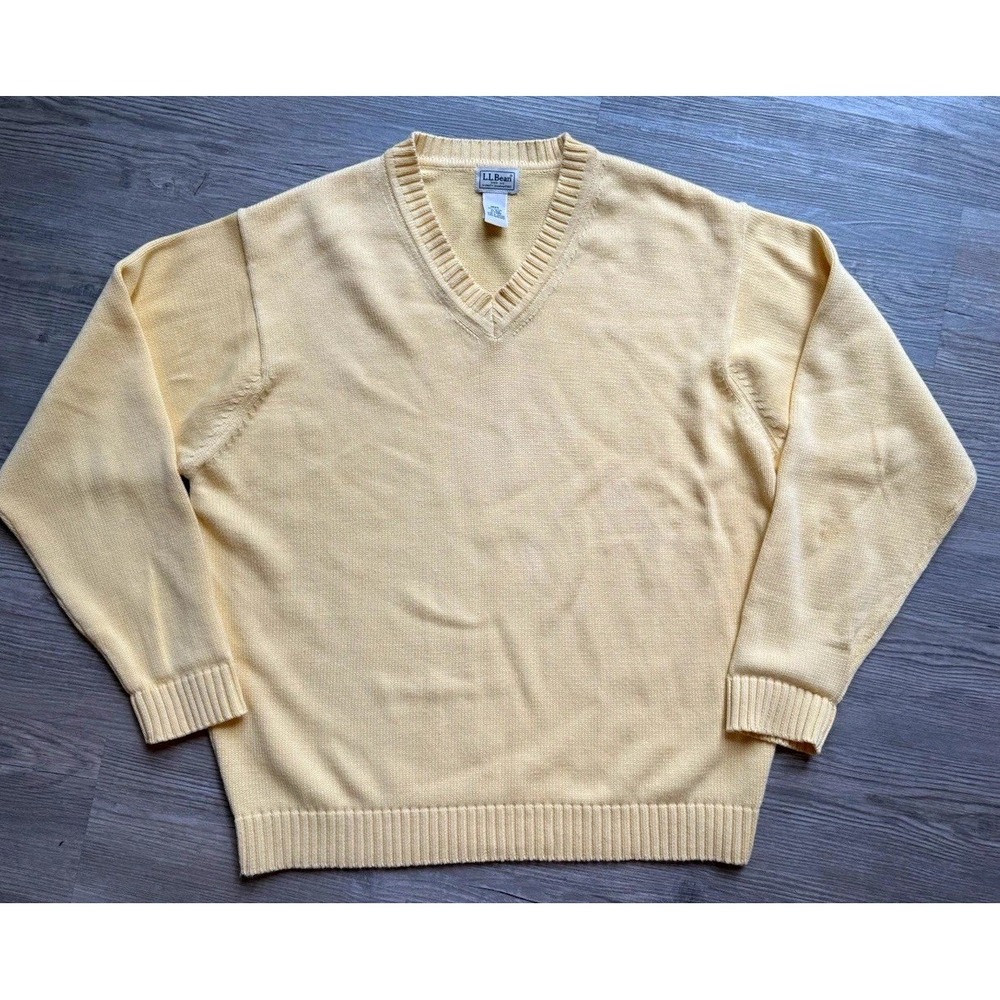Vintage Y2K L.L.Bean Men's XL Cotton V-Neck Sweater Butter Yellow Preppy